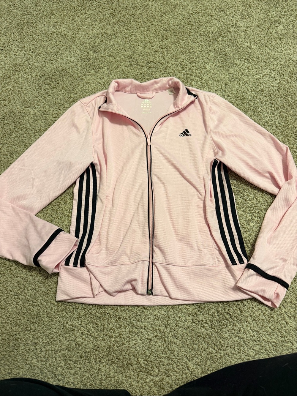 adidas Pink Full-Zip Varsity Jacket with Black Stripes